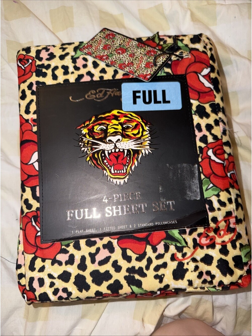 Ed Hardy Leopard Print with Red Roses & Logos 4pm FULL Sheet Set NWT